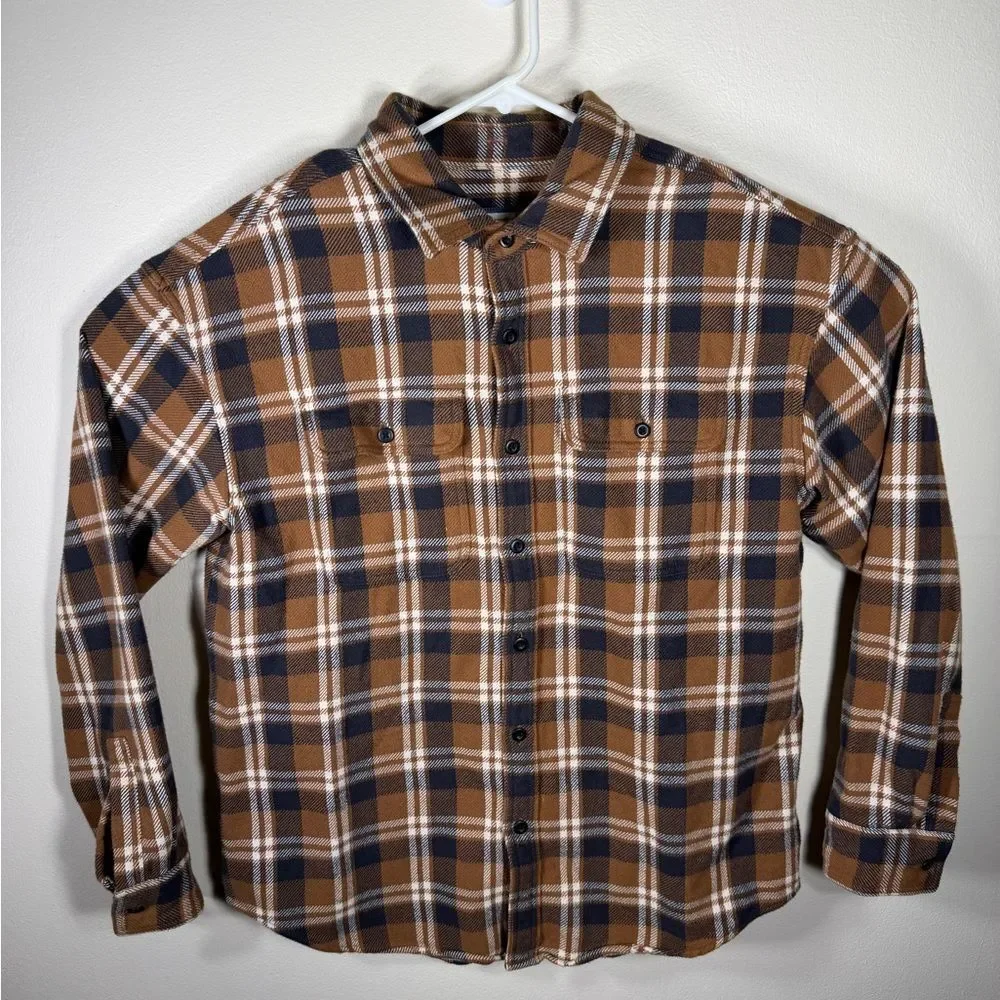 American Eagle Outfitters Brown and Navy Plaid Button-Down Shirt